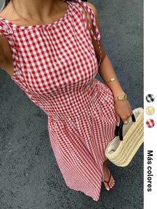 Vestido midi tejido de cuadros gingham para mujer, tirantes con lazada, cintura fruncida, cuello redondo, tela transpirable, ideal para uso diario, vacaciones, picnic y citas.