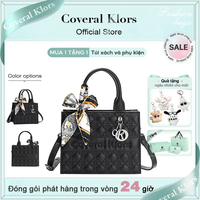 【MUA 1 TẶNG 1  Túi xách và phụ kiện】COVERAL & KLORS-【đóng gói hộp quà tặng】Túi xách nhỏ thời trang màu đen dành cho nữ, Túi đeo vai thêu màu đen CoveralKlors, Túi đeo chéo màu đen có khăn lụa, Túi xách