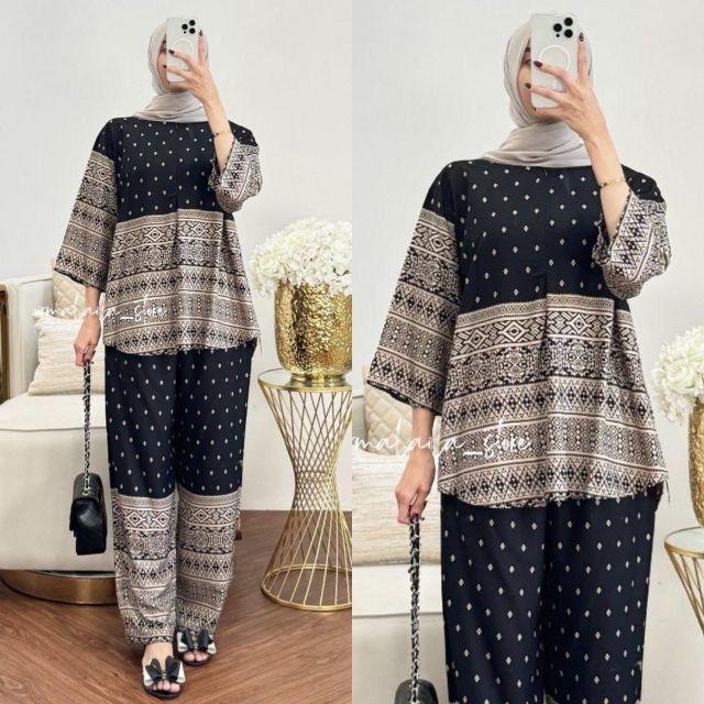 Setelan Wanita Oneset Wanita Setelan Rayon Celana Kulot Atasan Rempel Bahan Rayon Motif Adem Dan Nyaman  Baju Dewasa Remaja Panjang Santai Muslim Bawahan Lembut hitam Busui Rayon Premium Exclusive Kekinian Lebaran Atasan Wanita Celana Kulot