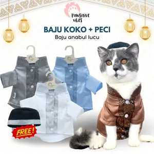 Pawsitive Vibes Baju Koko Kucing Peci Aksesoris Hewan Peliharaan Kemeja Koko untuk Kucing Motif Lucu Kostum  Nyaman Spesial Ramadhan Biru Katun Muslim Lembut Panjang Lebaran Topi Kancing