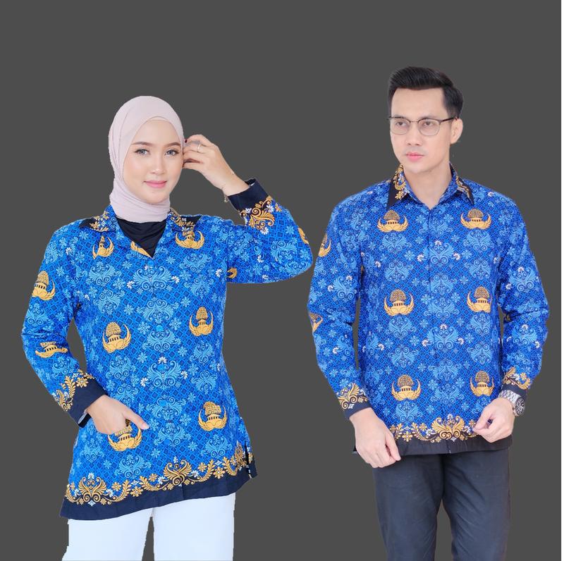 Kemeja Panjang  korpri Terbaru Krah Hitam lapis furing full pria Dan wanita blouse korpri warna biru Kantor Putih Atasan Baju Pasangan Kerja Kancing Katun Casual 0