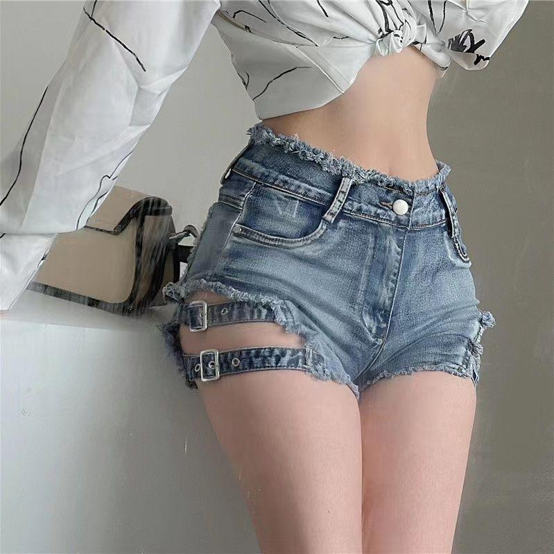 Quần Short Denim, Phong Cách Mỹ Y2K, Gợi Cảm Và Dễ Thương, Cô Gái Nóng Bỏng, Dành Cho Nữ, Hàng Mới Về Mùa Hè, Co Giãn Và Bó Sát, Thiết Kế khoét Quần Hợp Xu hướng