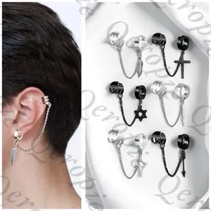 ANTING KPOP FASHION COWOK EAR CLIP SAMBUNGAN RANTAI SILVER HITAM JEPIT TUSUK PRIA WANITA TERBARU KEREN