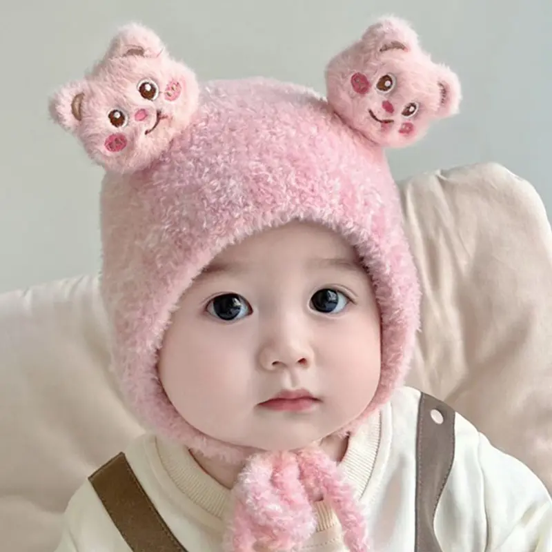 Mũ Trẻ Em Bé Nhồi Bông Thiết Kế Hình Gấu Hoạt Hình, Ấm Áp Mùa Đông, Lông Cừu San Hô Dày, Mũ Bảo Vệ Tai Cho Trẻ Sơ Sinh, Dễ Thương Và Chống Gió, Thích Hợp Cho Bé Trai Và Bé Gái Mới Biết Đi, Mũ Len 2
