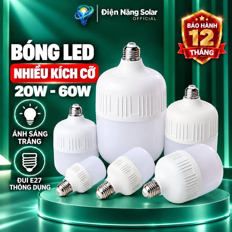 Bóng Đèn LED Trụ Vuông Đa Công Suất từ 20W - 60W Đui E27 Thông Dụng Điện Năng Solar, Ánh Sáng Trắng, chống cận, tuổi thọ lâu dài