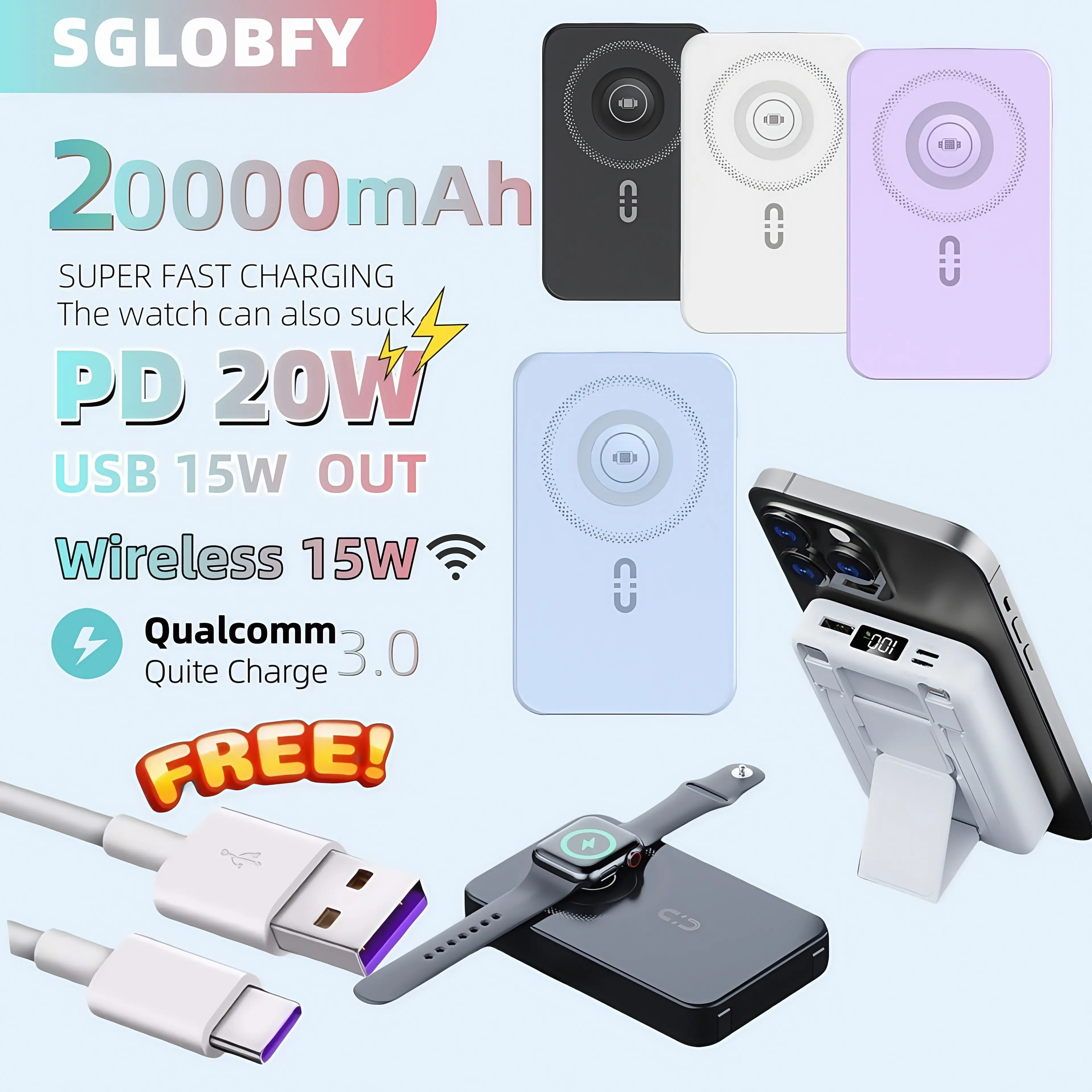 SGLOBFY Portable Charger Magnetic Powerbank 20000mAh 22.5W Fast Charging Wireless Power Bank