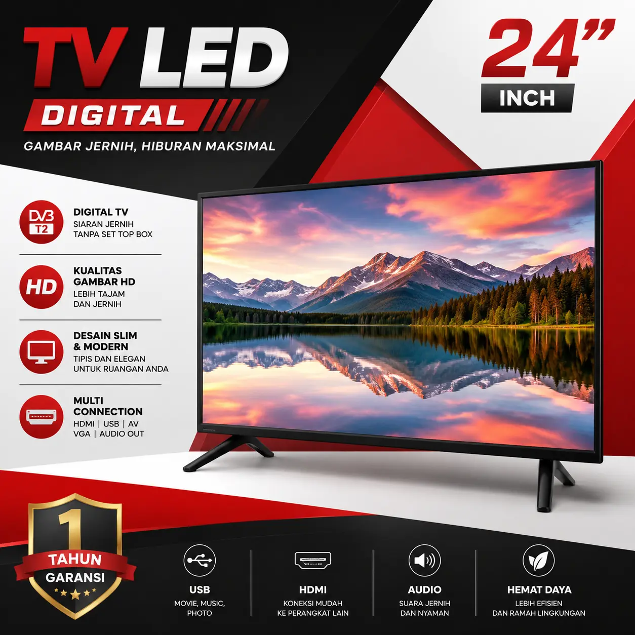INSTAN LED TV Digital 24 Inch Full Layar Beserta Android Box HDMI VGA AV USB Garansi Resmi TV Speaker