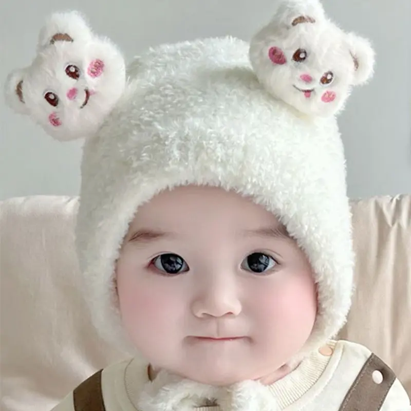 Mũ Trẻ Em Bé Nhồi Bông Thiết Kế Hình Gấu Hoạt Hình, Ấm Áp Mùa Đông, Lông Cừu San Hô Dày, Mũ Bảo Vệ Tai Cho Trẻ Sơ Sinh, Dễ Thương Và Chống Gió, Thích Hợp Cho Bé Trai Và Bé Gái Mới Biết Đi, Mũ Len 1