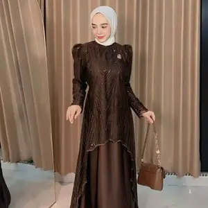 Amina  Dress Kondangan Brukat Mewah BISAMA Velvet Mix Brukat Ziper Belakang Press Body Slimfit Warna Mahogany Size  S M L XL