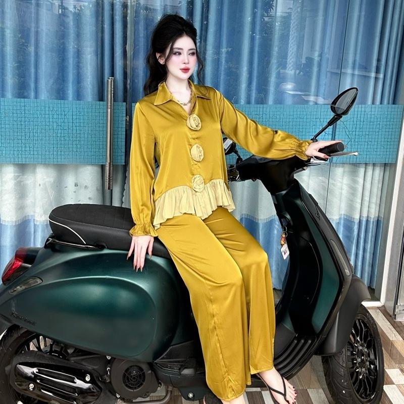 Sơ mi bông hồng lụa tay dài Set bộ quần áo sơ mi lụa bông hồng tay dài phồng TY996 Thư Ying Shop