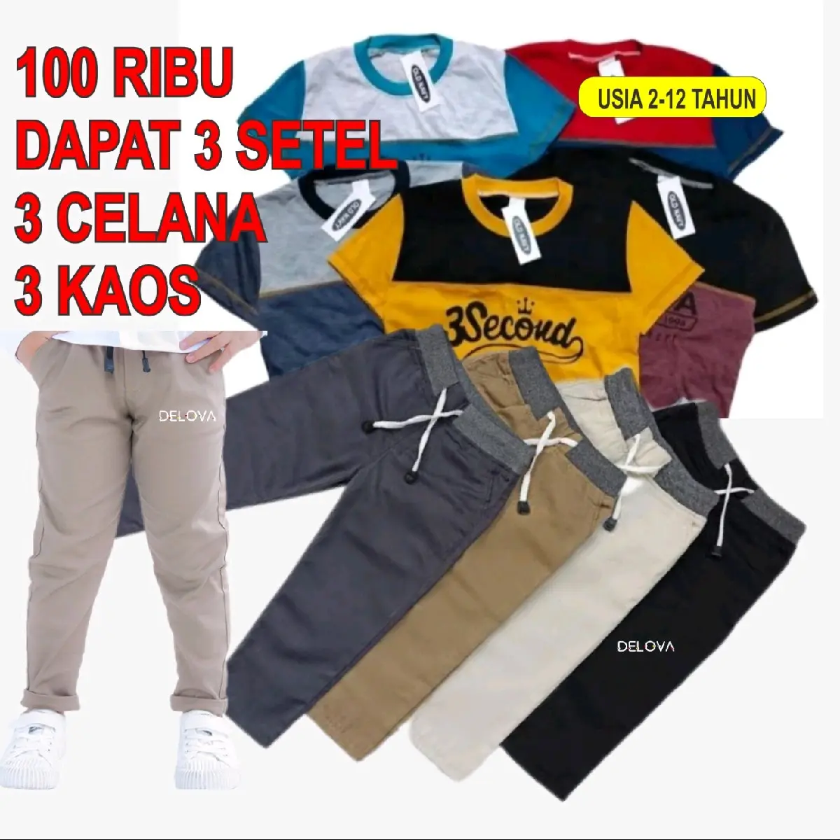 Promo Paket 100rb dapat 6pcs 3 Kaos + 3 Celana Fashion celana chinos anak laki laki