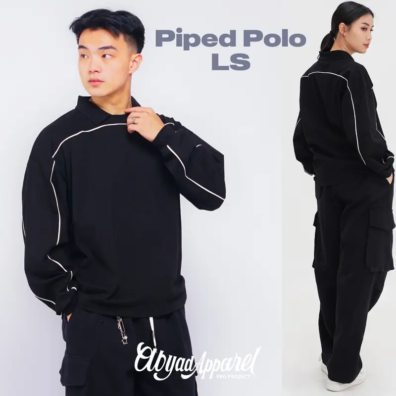 Boxy Piped Polo Long Sleeve - Polo Lengan Panjang Boxy Berlis Abyad Apparel Pro Project