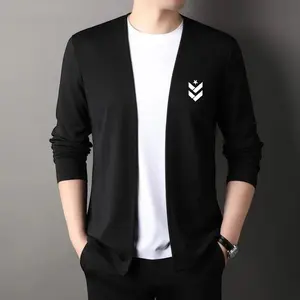 Kaos Lengan Panjang Cardigan V-neck Atasan Rajut Pria Jahitan Mode Dua Badan Aktif Pakaian Kasual Cowok Pullover