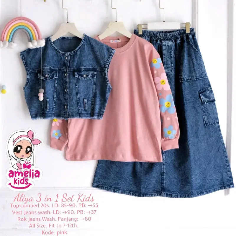 Aliya 3 in 1 Kids Baju Anak Amelia Kids Baju Anak Usia 7-12 Tahun Setelan Rok Jeans Anak Model Terbaru BAJU ANAK VIRAL BAJU ANAK KEKINIAN AMELIA KIDS 2