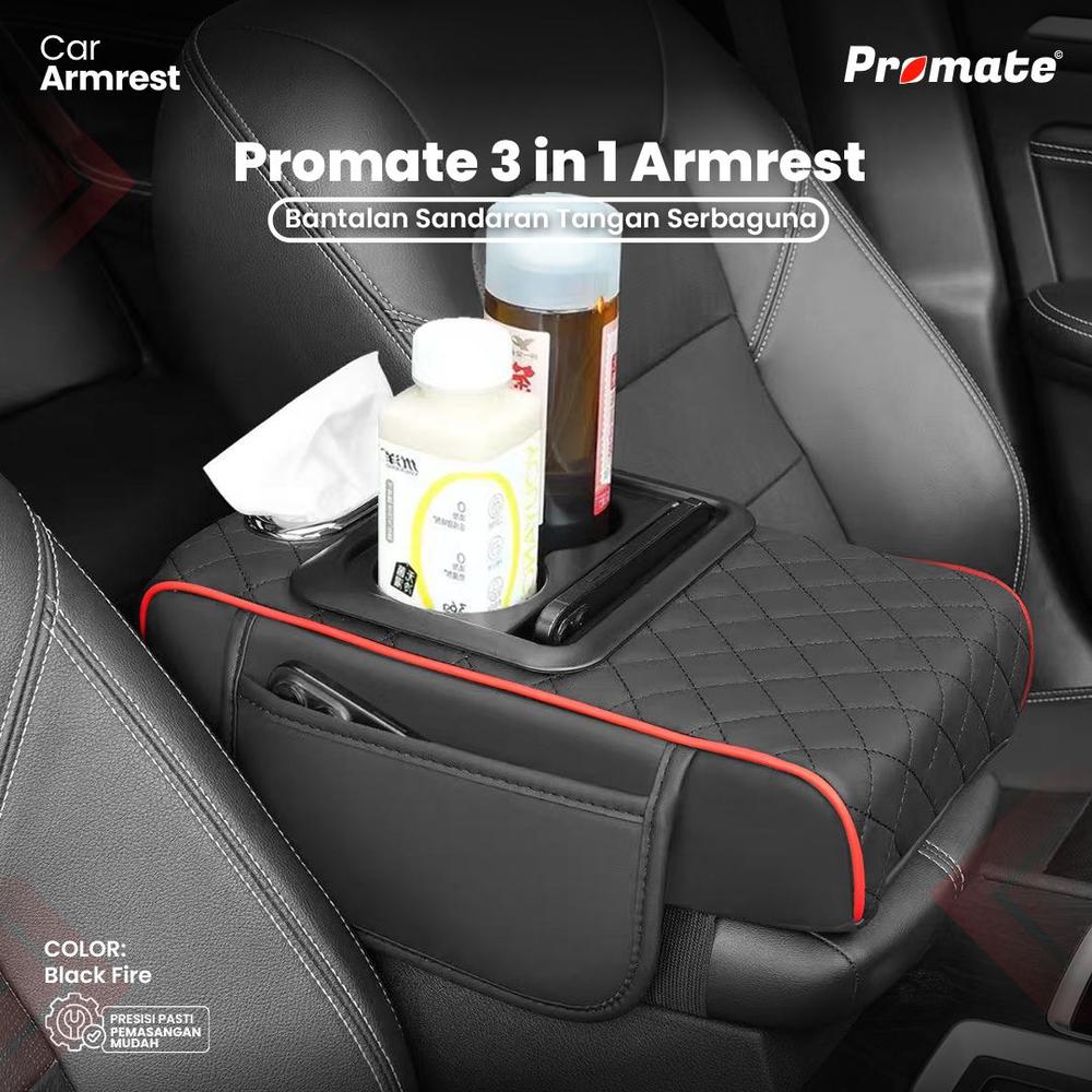 Armrest Sandaran Siku Tangan 3in1 PROMATE Universal Storage Box Cup Holder Tempat Tisu Car Bahan Kulit - Black Panther