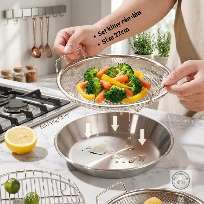 [22cm Loại 1] Bộ Khay Ráo Dầu, Sét Khay Kèm Vỉ Lọc Dầu Chất Liệu Inox Cao Cấp, Kích Thước 22cm Phù Hợp Với Mọi Không Gian Bếp, Đa Năng Tiện Dụng Để Thực Phẩm Chiên Rán Luộc Hấp Vệ Sinh An Toàn - Gia Dụng Glory