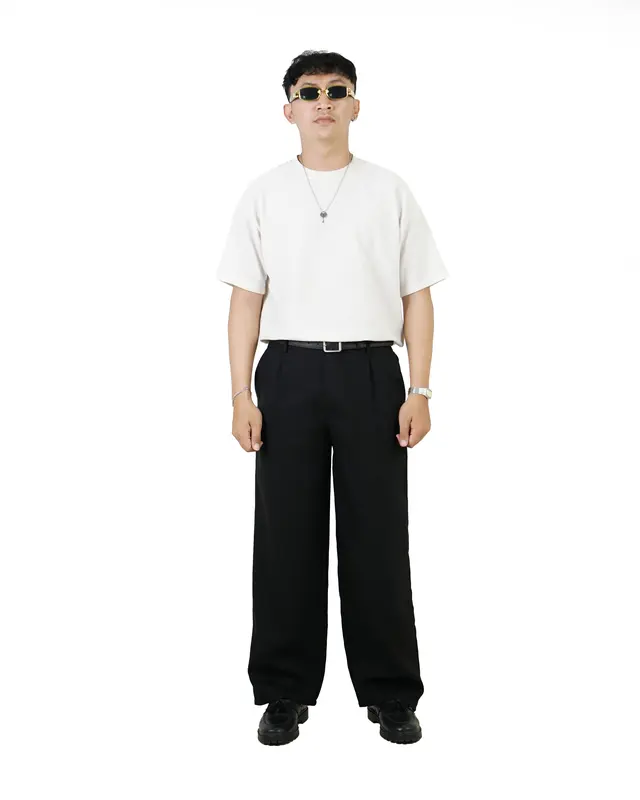JINSYOU - Celana Trouser Wide Pants Hitam Loose Relaxed Pinggang Karet nyaman Lebar 1