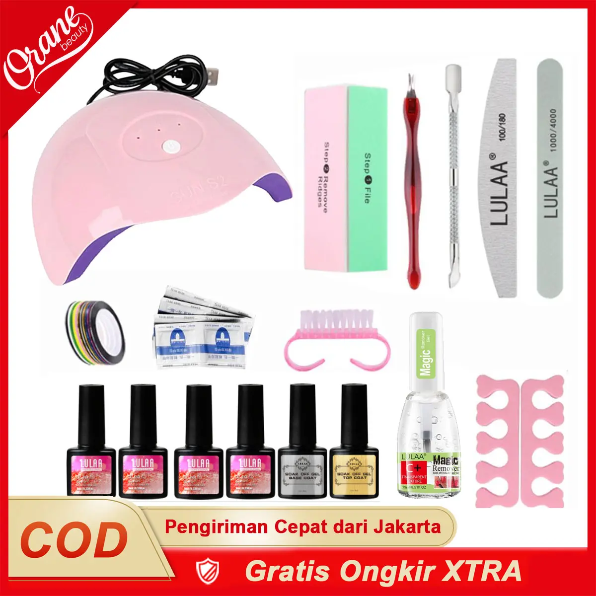 Oranebeauty Set Cat Kuku 4 Warna Alat Nail Art Kombinasi Cat Kuku Set Seni Kuku Alat Pemangkasan Kuku Lampu Seni Kuku