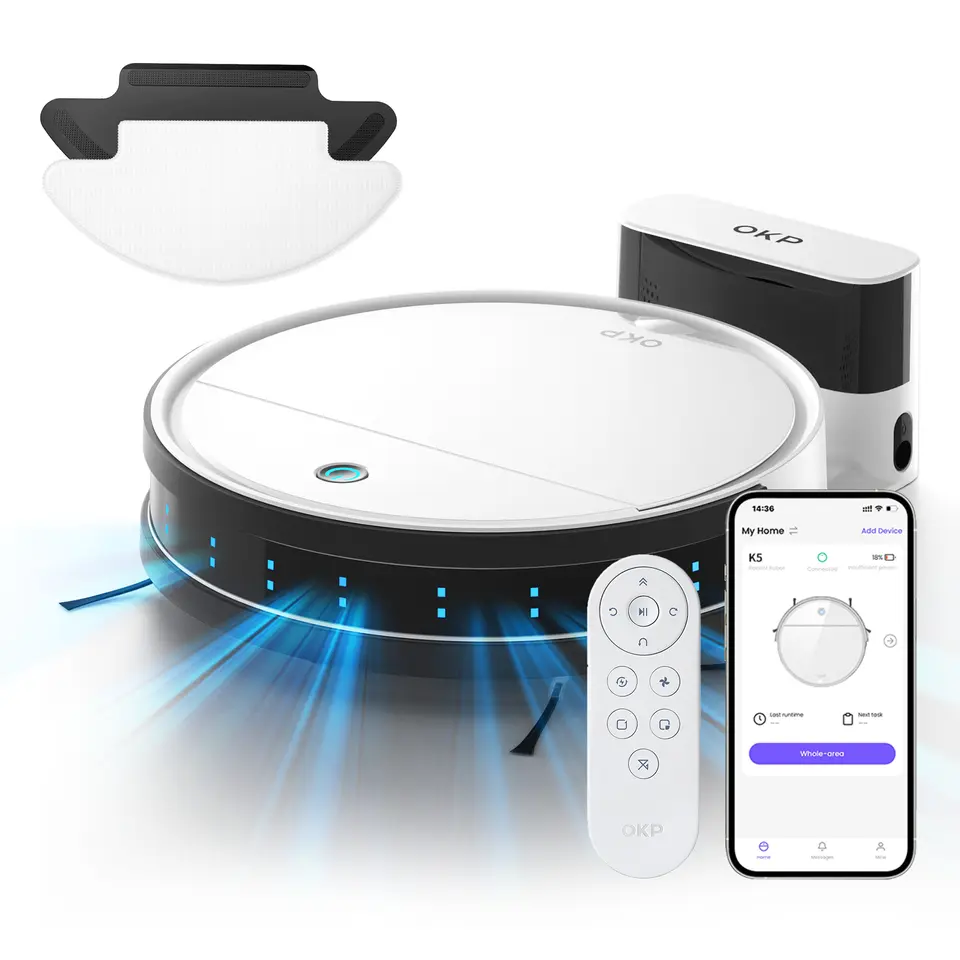 Robot hút bụi K5, lực hút 3500 Pa, thiết kế 3 trong 1 đa năng, định vị chính xác khoảng cách, lọc HEPA hiệu quả, kết nối Wi‑Fi cục bộ, dụng cụ làm sạch lông thú cưng, thảm và sàn cứng, máy hút bụi đa năng dùng khô/ướt