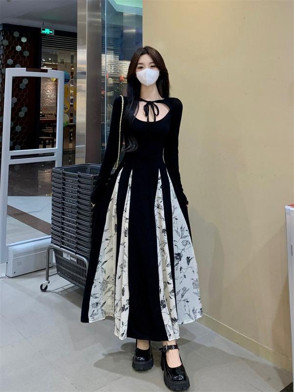 Váy Dài Tay Cổ Điển Trung Quốc, Thiết Kế Rỗng Đẹp Mới, Khâu Hoa, Váy Chữ A Giảm Béo Tuyệt Vời Nữ Khuy Dress Voan Đen Voi Women 4
