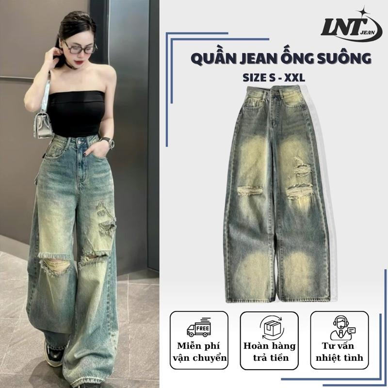 LNTJEAN Size S-XL -V5645 Quần Jean Nữ Dài 100cm Ống Suông Form Rộng - Xanh Dơ Rách Gối - Lai Thường Lưng Cao