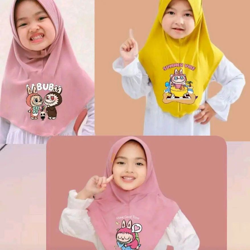 JILBAB ANAK LABUBU SERIES HIJAB ANAK LABUBU CANTIK BERGO ANAK LABUBU 7-8 Tahun Green Muslim Kerudung Nyaman Katun Instan