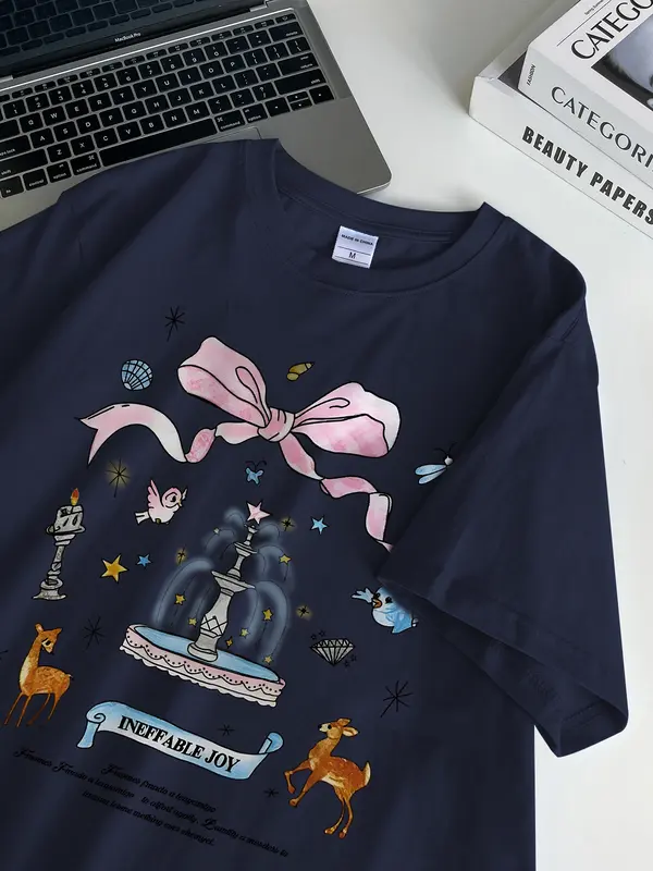 <TMG> T-shirt dicuci kebesaran | Busur yang lucu dan manis | T-shirt katun multi-warna berkualitas tinggi, baju aesthetic lucu kece premium,T-shirt katun oversized wanita dalam kualitas dicuci hitam dan putih  I0219 1