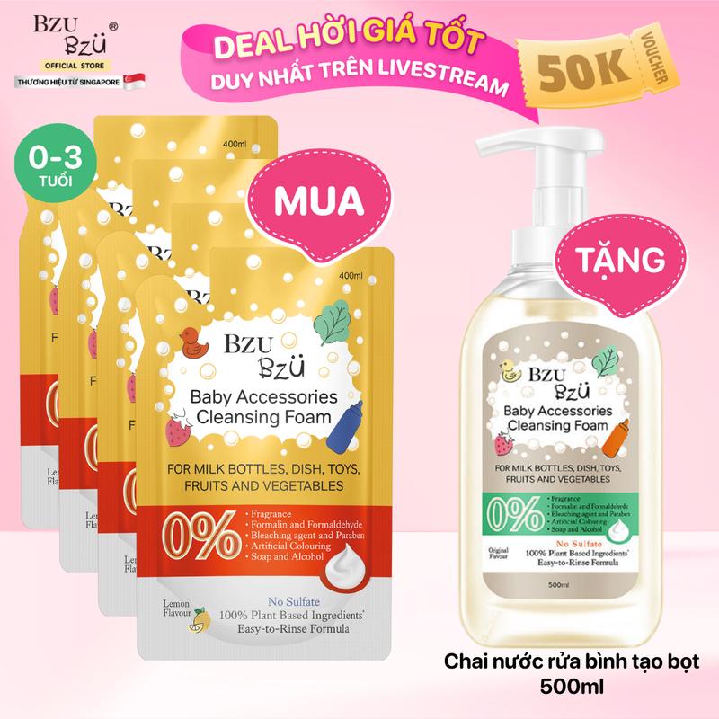 Combo 4 Túi Nước Rửa Bình Sữa Đồ Dùng Em Bé BZU BZU Baby Accessories Cleansing Foam Original Tạo Bọt Không Mùi 400ml Cho Bé Rửa Bình