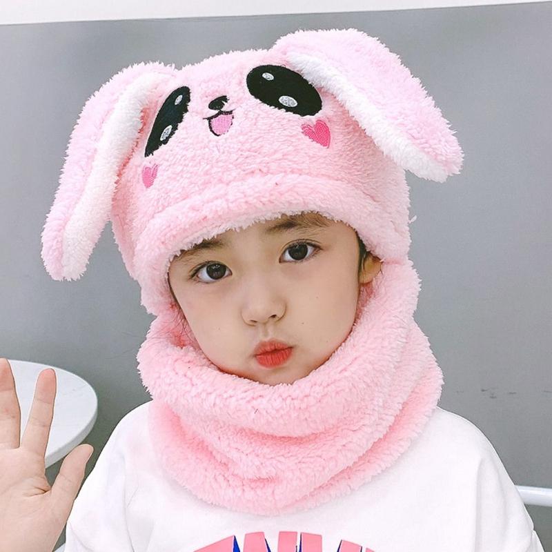 Winter Cartoon Rabbit Coral Velvet Cap Plush Balaclava Kids Caps Double Fleece Warm Neck Cap Children 1