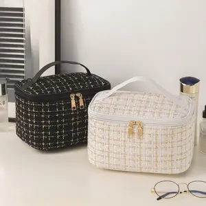 Tas Kosmetik Travel Bag Kulit PU & Tweed Elegan & Praktis - Premium Tweed Cosmetic Pouch 1236