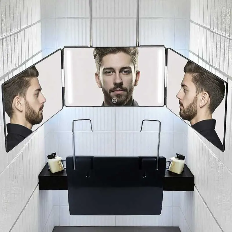 Cermin Pangkas Rambut Make up Kamar Mandi 3 Arah Tinggi Dapat Disesuaikan Dengan Pengait LIpat 3 Kaca Stainless
