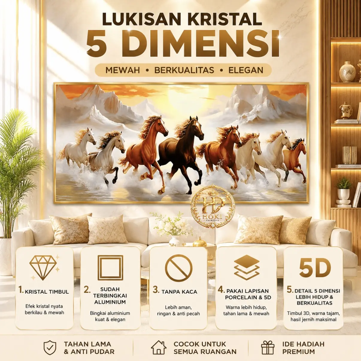 HOKIPAINTING Lukisan 5D Porcelain Kristal Timbul Diamond Kuda 8 Ekor Lukisan Kuda Ma Dao Cheng Gong Fengshui 5 Dimensi Pajangan Dinding Rumah Aesthetic