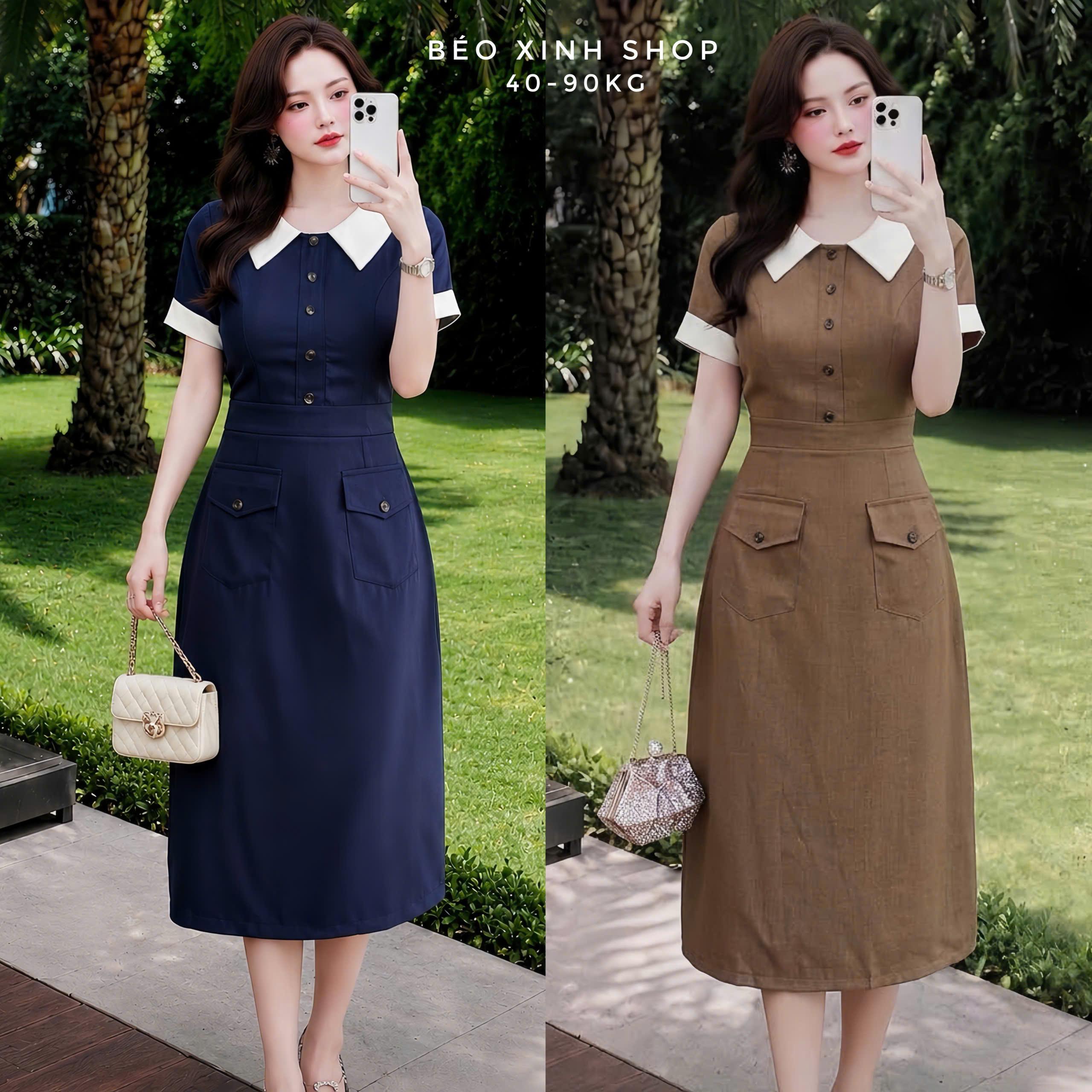 Váy Dự Tiệc Linen Pháp Cổ Phối Trắng – Dáng Xòe Thanh Lịch Bigsize 40–90kg Béo Xinh Shop - A.1885