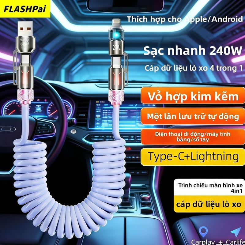 Cáp lò xo, dài 2 mét, hỗ trợ Carplay, cáp sạc ô tô, 4 trong 1, chỉ dành cho…