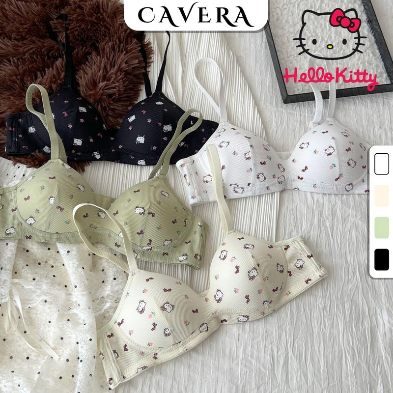 Set 3 Áo Ngực Nữ Cotton Cao Cấp In Mèo Kitty Xinh Xắn Loại Mỏng Nhẹ , Top Áo Lót Gân Tăm Không Gọng Mềm Thoáng Mát CAVERA Bra Women Nhung Voi A224