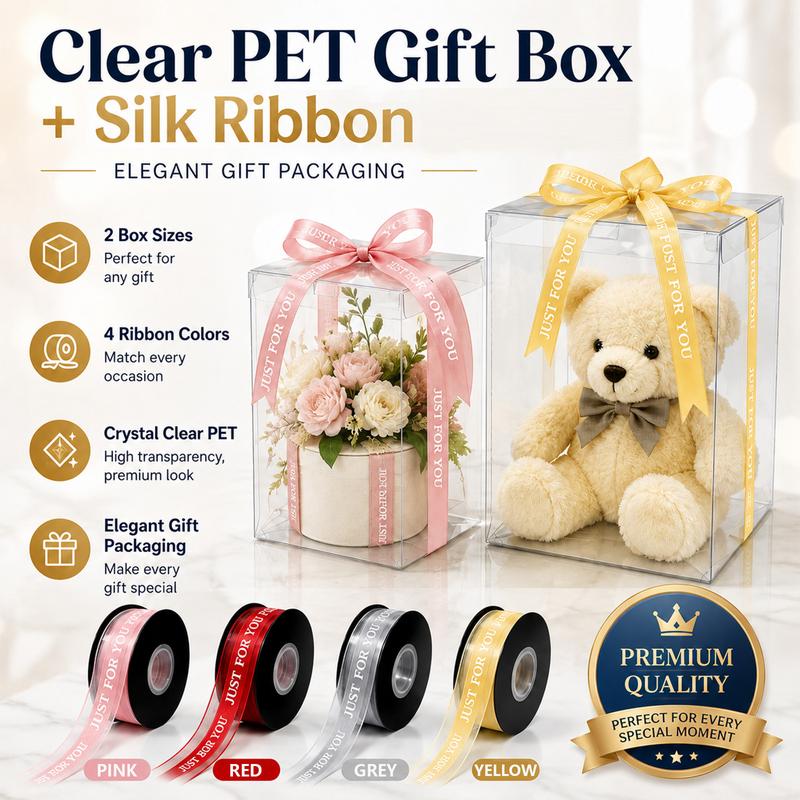 Bộ hộp quà bằng nhựa PET trong suốt và dây ruy băng voan, 2 kích cỡ hộp, dây…
