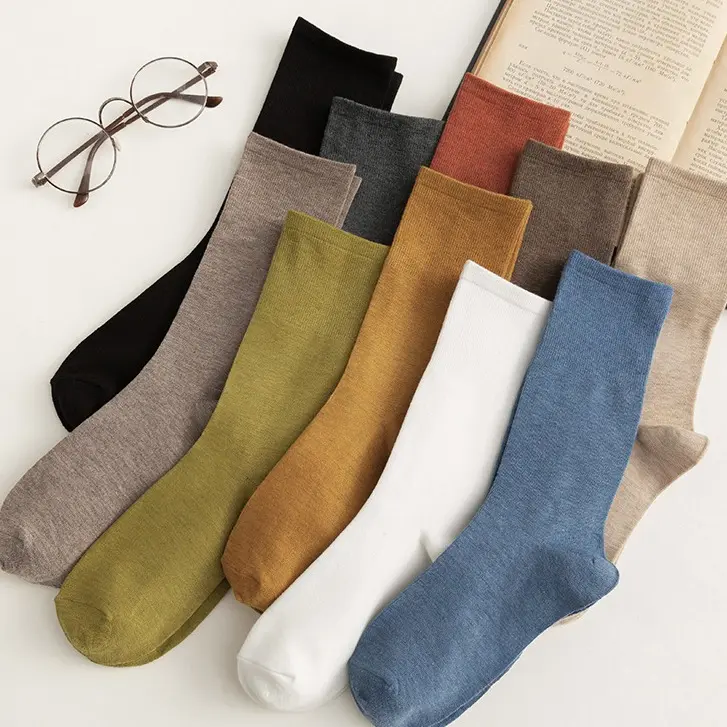Autumn Korea Pure Cotton Fashionable Mid Tube Socks Solid Color Japanese Stacked Sock  Breathable Socks Solid For Women