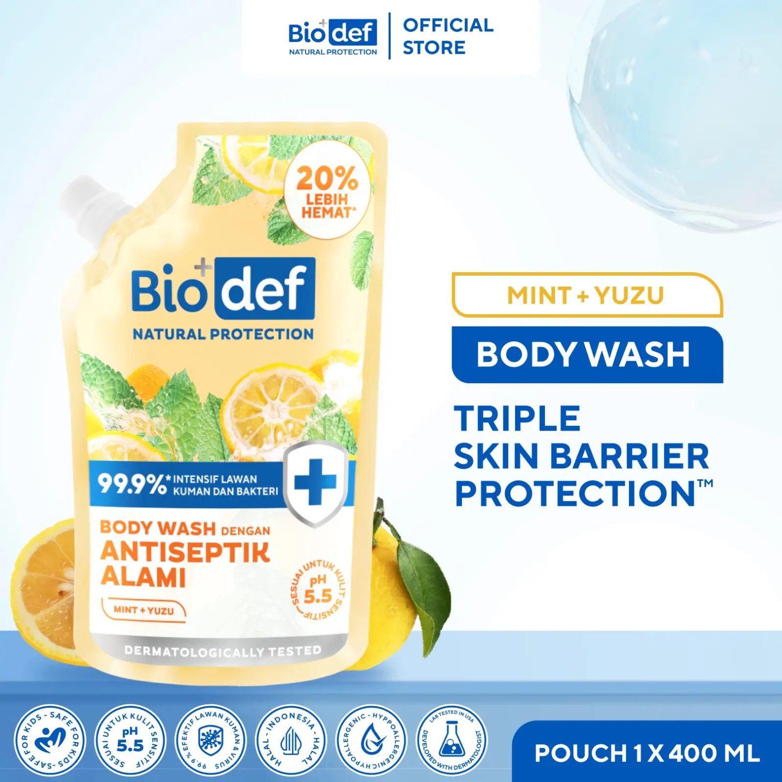 [HANYA 1 PCS] Biodef Natural Protection Mint + Yuzu Body Wash Refill 400 ml (Sabun Mandi Cair ANTI Tumpah)