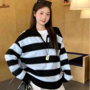 Women's Knitted Sweater Jacket, Loose-Fitting Long Sleeve Pullover, Casual Fall & Winter Outerwear, Stylish Women's Clothing Tops Womenswear Stripe Crewneck Striped