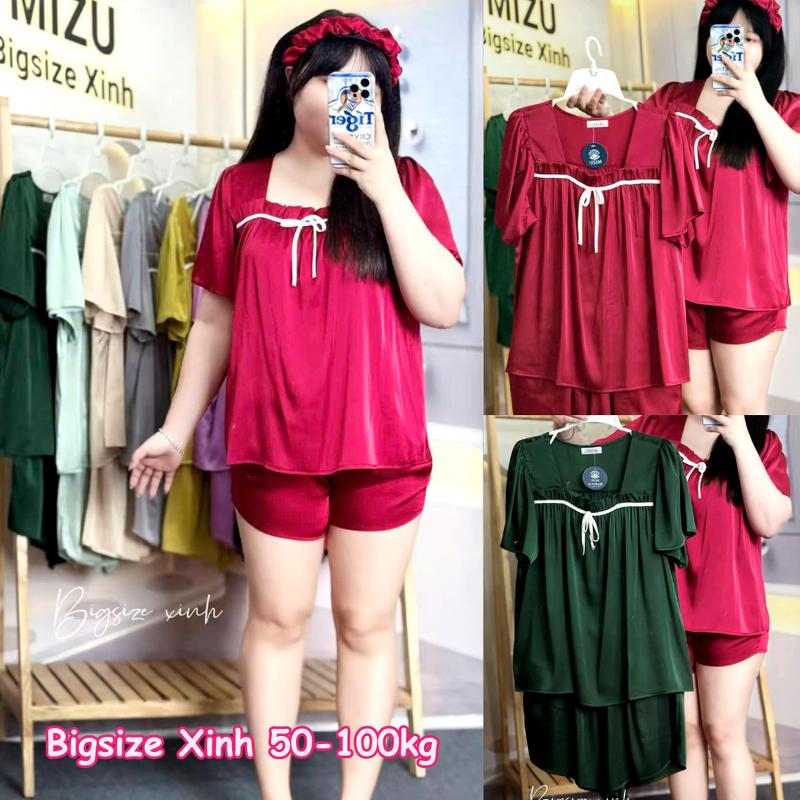  Bộ ngủ nữ bigsize đùi lụa mặc nhà 50-100kg bộ mặc nhà cổ vuông latin mềm mát Pijama Nhung Áo Women BỘ Ngủ việt nam cỡ lớn cộng có thể giặt máy cỡ lớn cộng đồ  ngủ 
