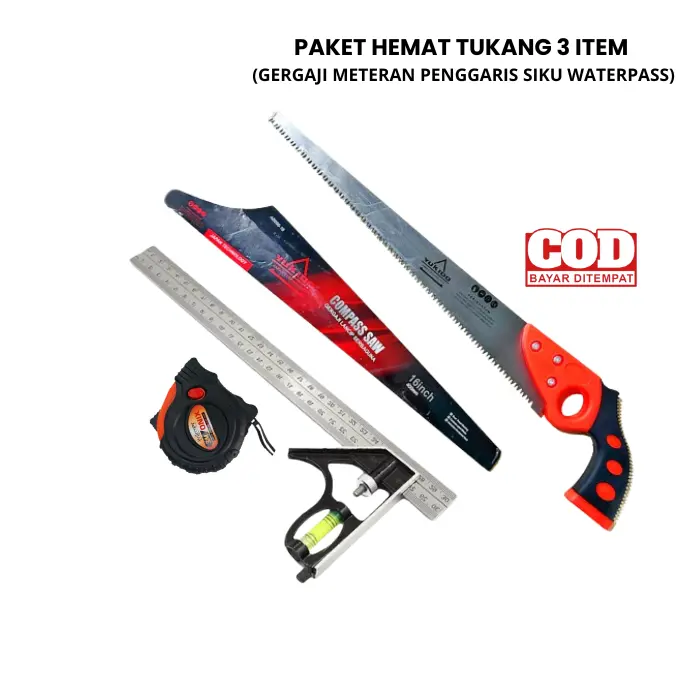 Paket Tukang 3 Item Gergaji 16 in Meteran Penggaris Siku Waterpass 30 cm