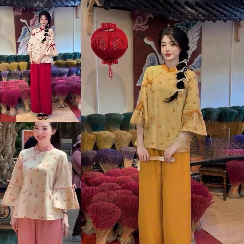   đủ size 62kg-95kg  sét bộ pháp phục lễ chùa áo cổ tàu tay loe quần dài xuông cho nữ 