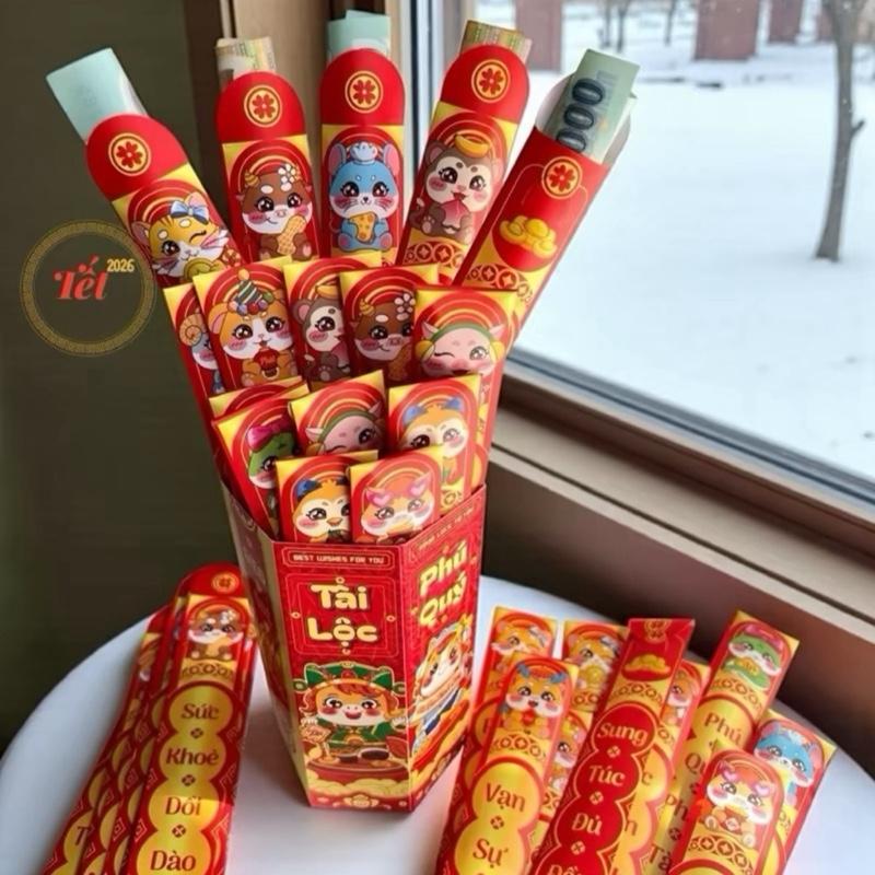   Giá tốt  Sỉ 10 hộp bao lì xì gieo quẻ lục giác Labubu hộp 12 quẻ cáng bóng bao lì xì tết 2026 ms0020 