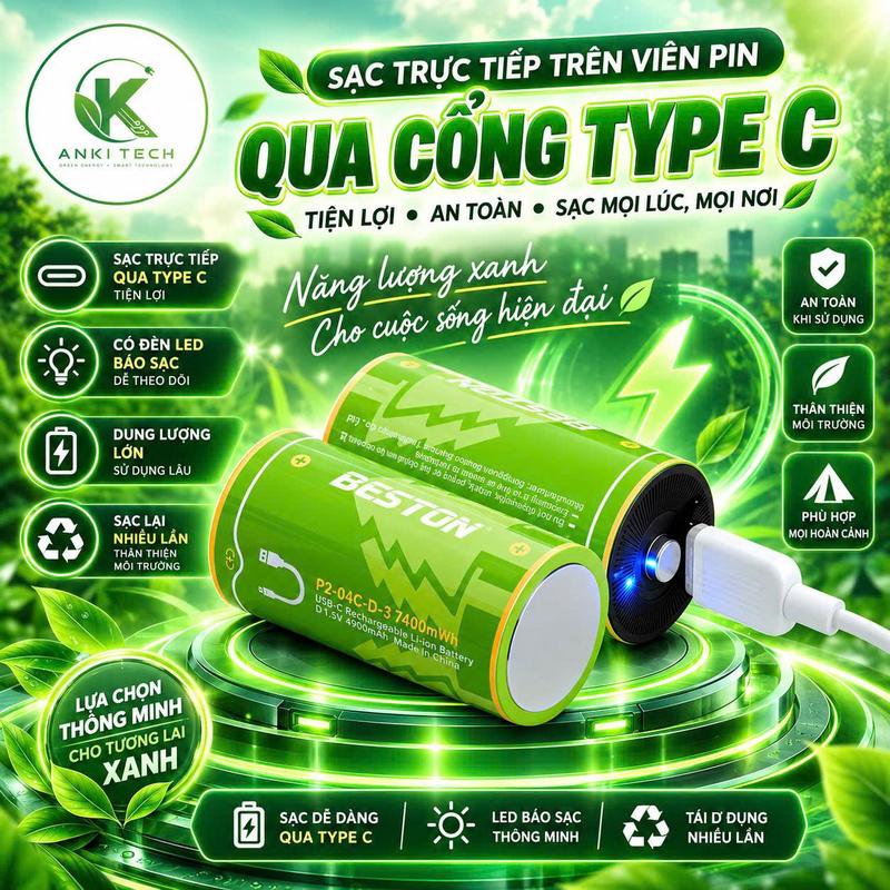 Bộ 2 viên Pin sạc D Beston 1.5V 7400mWh Type C - Pin D dùng cho đèn, bếp gas, thiết bị y tế, đồ chơi