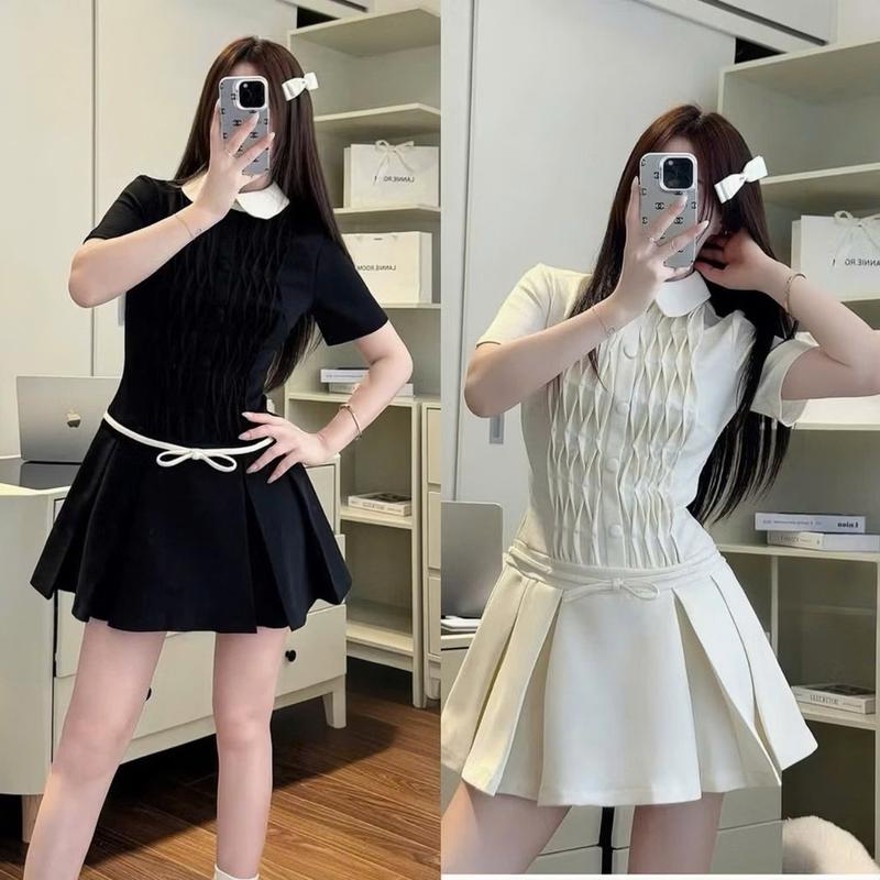 (V.01 Hàng Thiết Kế): Váy Cổ Sen Chéo Ý Xếp Ly 2 Màu Cúc Bọc Nối Hình Trám Nơ Eo Nhẹ Nhàng Tiểu Thư Kèm Bảo Hộ