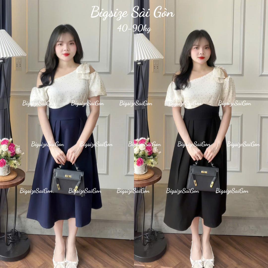Váy Dự Tiệc Thiết Kế Trễ Vai Phối Chấm Bi Tay Phồng Tiểu Thư (Vải Tuyết Mưa) Thanh Lịch Cao Cấp Cho Các Nàng Bigsize 40–90kg Thời Trang Nữ Béo Xinh Shop - B.1608