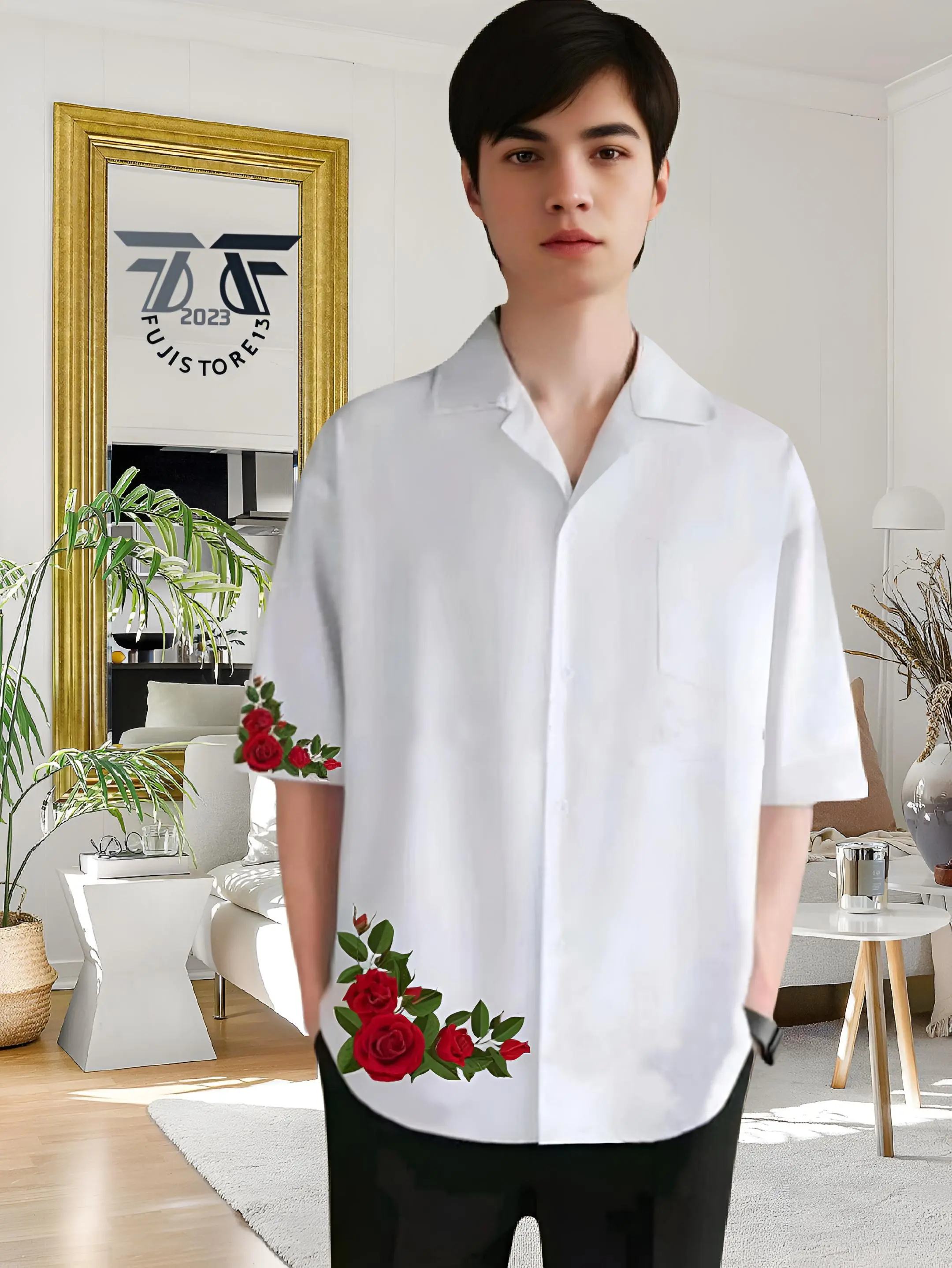 Kemeja Vintage Pria Lengan Pendek Kemeja Polos Pria Dengan Motif Hawai Roses Korean Style Terbaru Katun Putih Nyaman - Kemeja Kerah Piyama
