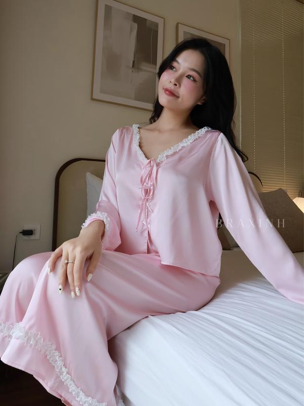 Braxinh BX20 Bộ Đồ Ngủ Pijama Tay Dài Quần Dài Lửng Chất Liệu Lụa Latin Thoáng Mát Mềm Mại Ít Nhăn Nữ Tính Sang Trọng Thiết Kế Braxinh Màu Hồng Phấn
