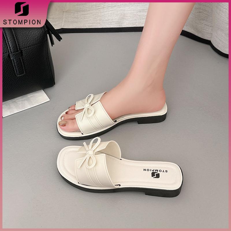STOMPION Dép nữ quai ngang charm nơ Hàn Quốc đế bệt cao su chống trơn trượt siêu nhẹ