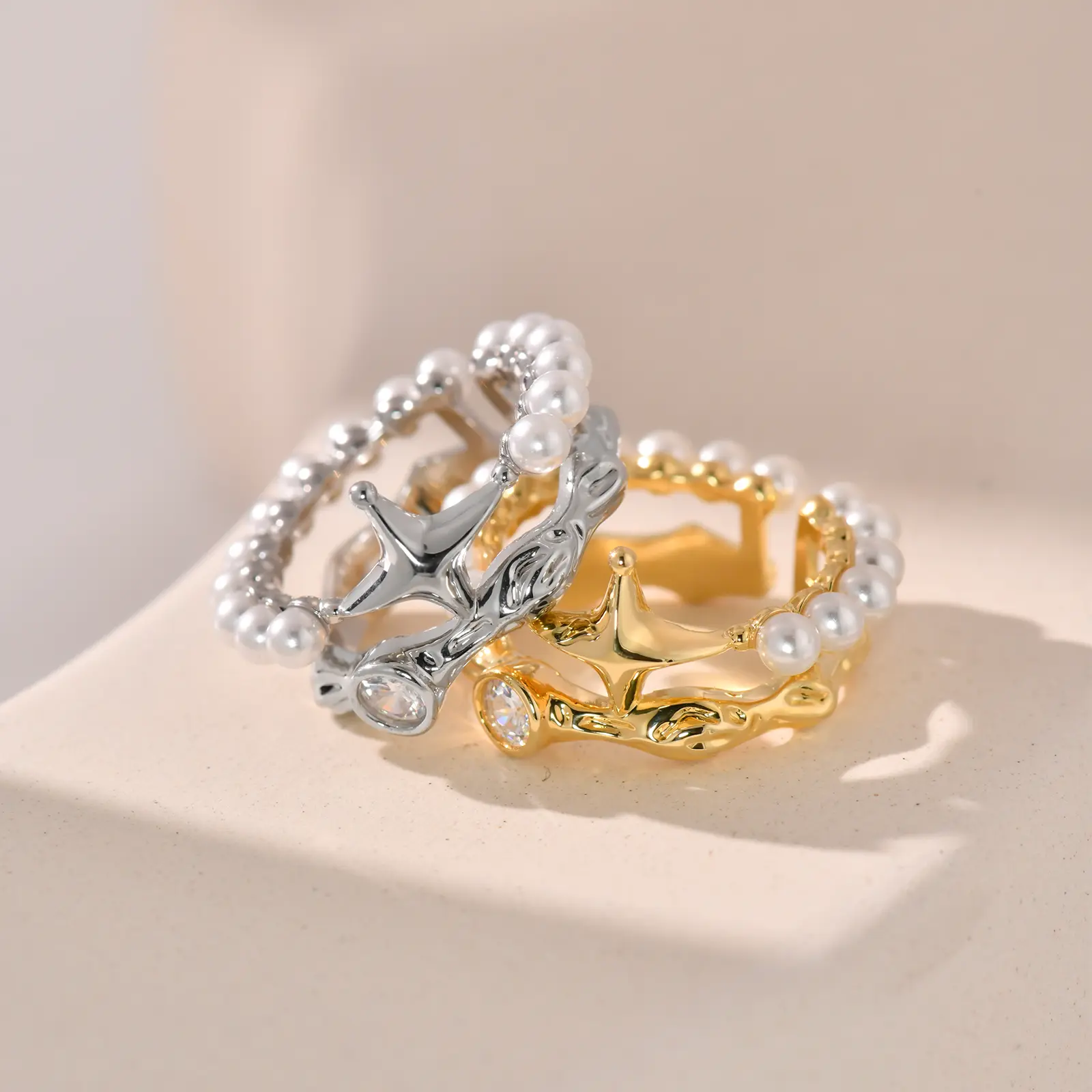 Vintage Crown Pearl Ring | Adjustable Open-End Design | 3A Cubic Zirconia | 18K Gold/Platinum Plated | Elegant Jewelry for Women